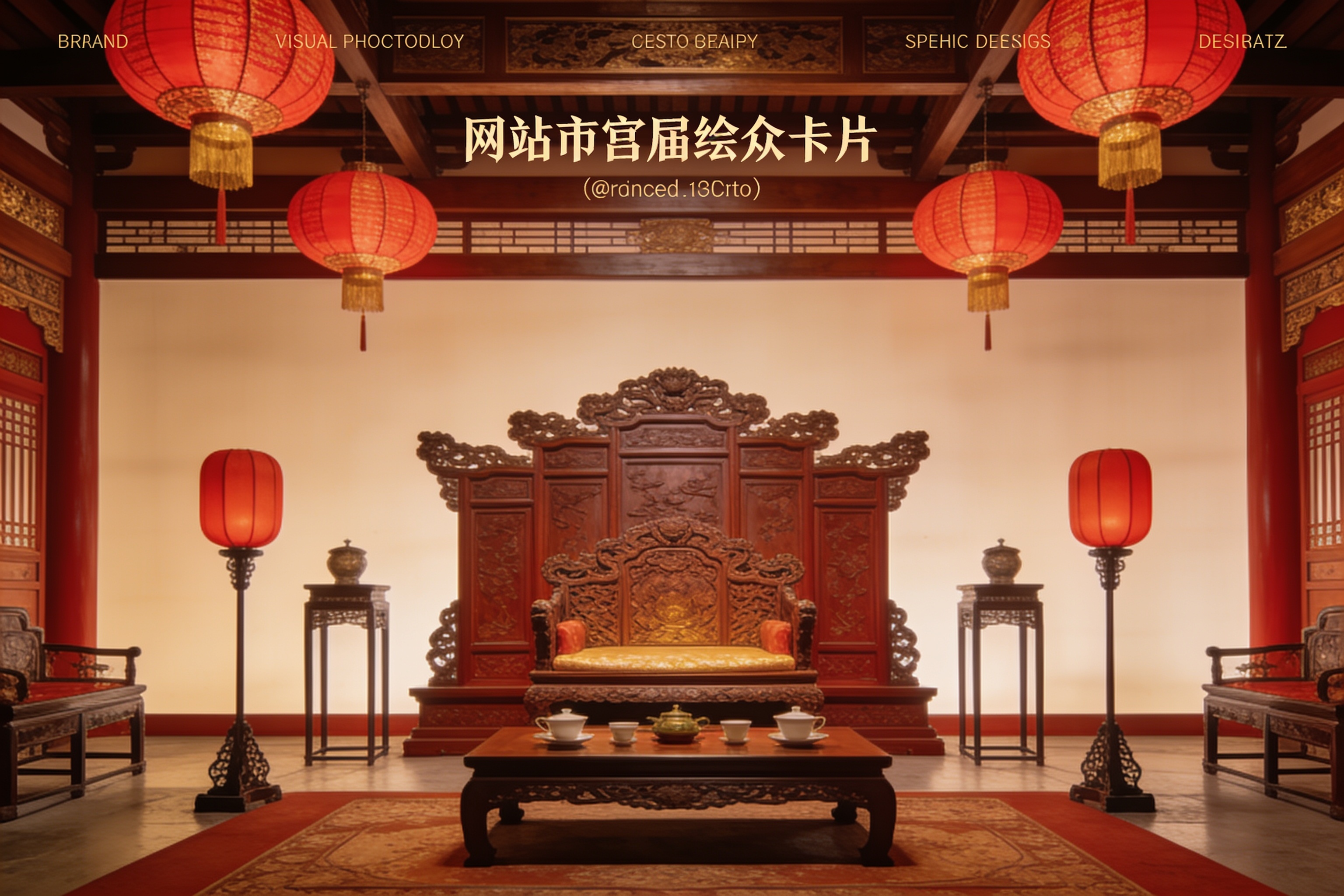 古代宫廷建筑内景，红色宫灯装饰